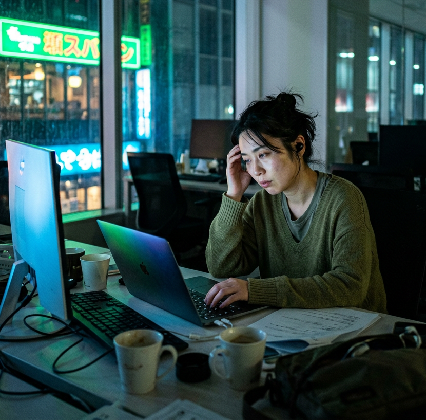 Woman working late at desk with laptop and coffee cups in office
