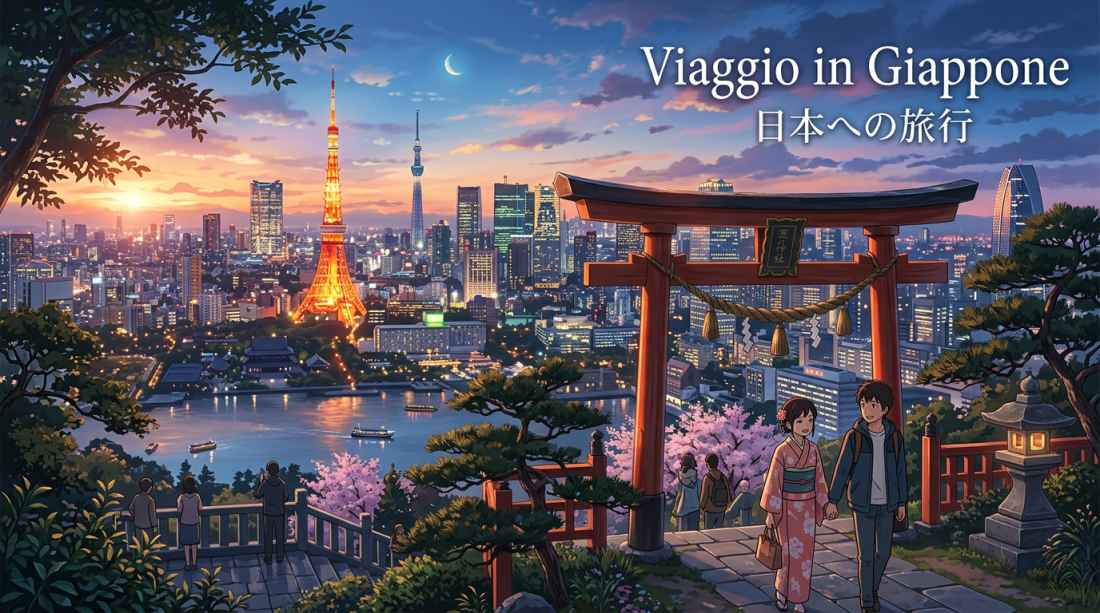 Couple walking by a torii gate with Tokyo city skyline at sunset including Tokyo Tower and Tokyo Skytree
