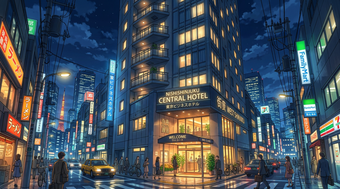 Nighttime city street with hotel entrance, pedestrians, and lit signage