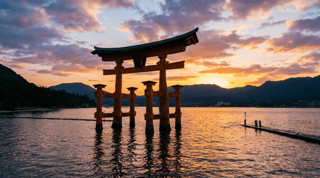 Torii gate in the sea at sunset