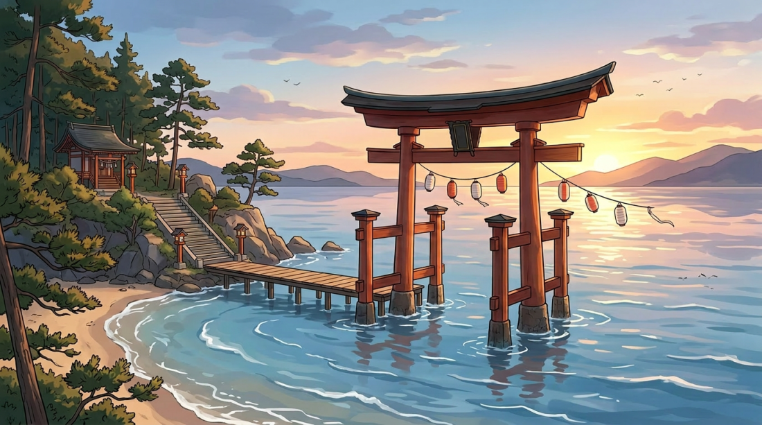 Japanese torii gate in water at sunset with nearby forest and boat