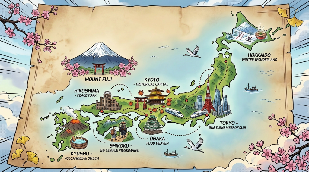 Illustrated map of Japan showing Mount Fuji, Hiroshima Peace Park, Kyoto historical sites, Osaka food landmarks, Tokyo metropolis, Shikoku pilgrimage, Kyushu volcanoes and onsen, and Hokkaido winter activities.