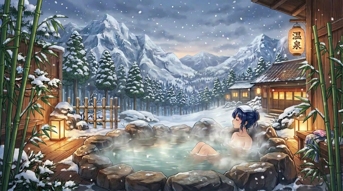 Woman soaking in a steaming outdoor hot spring with snowy mountains and pine trees in the background.