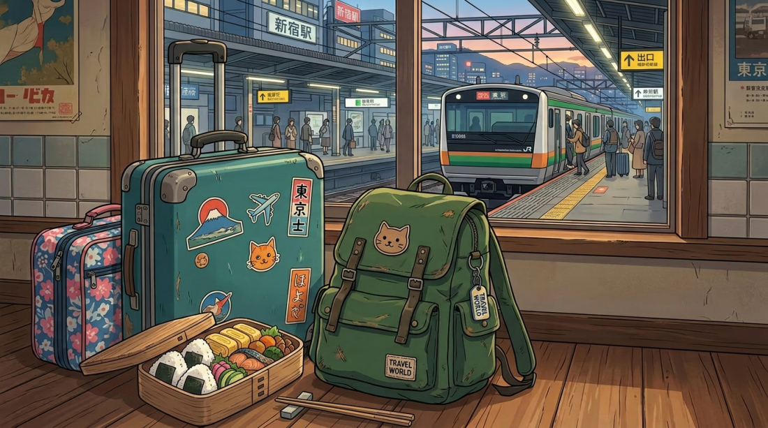 Three pieces of luggage and a Japan passport on a wooden floor near a train platform with a train arriving