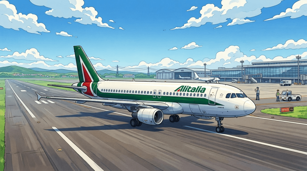 Alitalia Airbus A320 on airport runway taxiing with staff and terminal in background