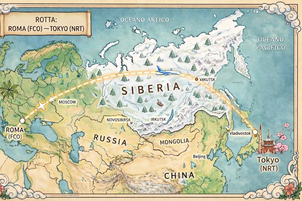 Map illustrating flight route from Rome (FCO) to Tokyo (HND/NRT) over Russia and Siberia