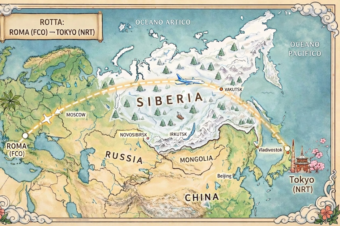 Map illustrating flight route from Rome (FCO) to Tokyo (HND/NRT) over Russia and Siberia