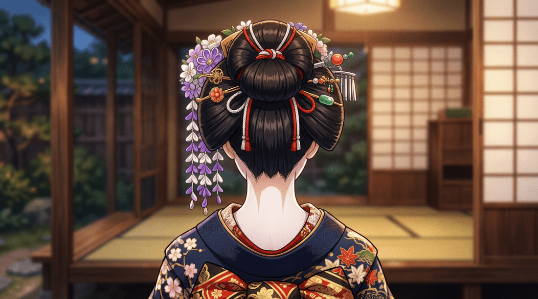 Back of a geisha with ornate hair accessories and a colorful kimono in a Japanese-style room