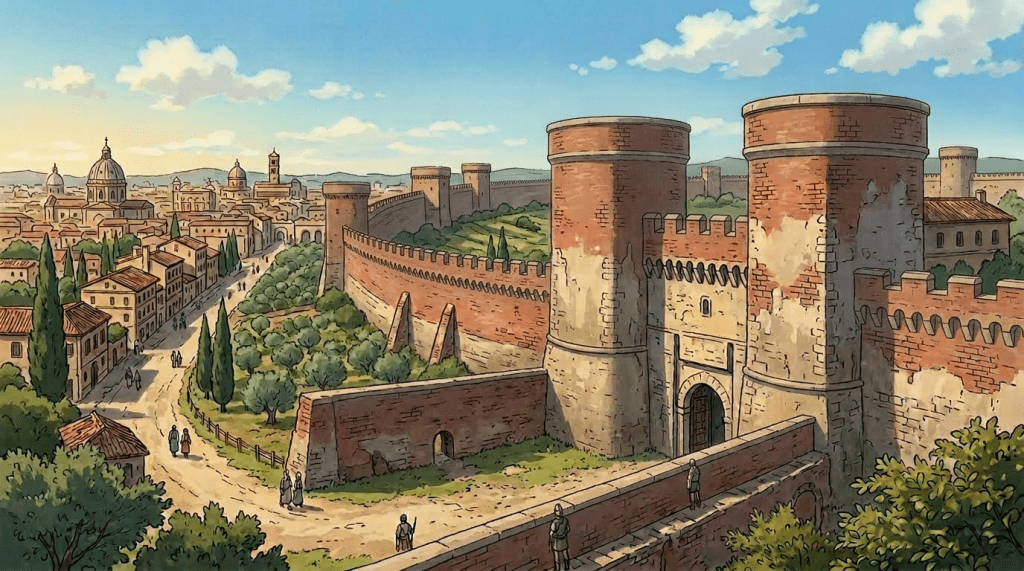 Red brick medieval city walls with gated towers and cityscape beyond