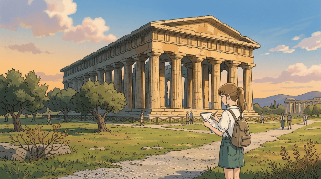 Young woman sketching an ancient Greek temple at a historical site