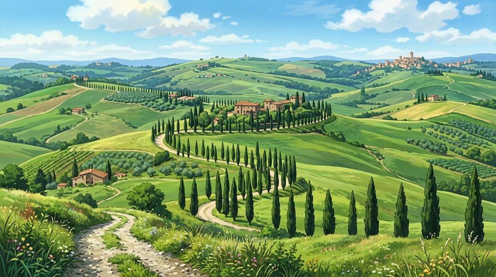 Winding rural road lined with cypress trees in rolling green hills