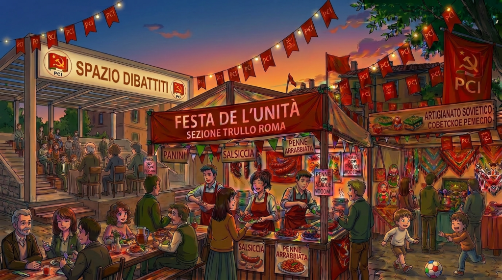 Neighborhood festival with food stalls, people enjoying pasta and wine, and musicians playing