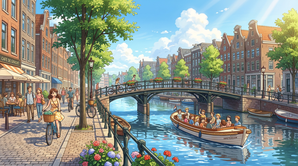 Canal in Amsterdam with people cycling, walking, and a tour boat filled with passengers