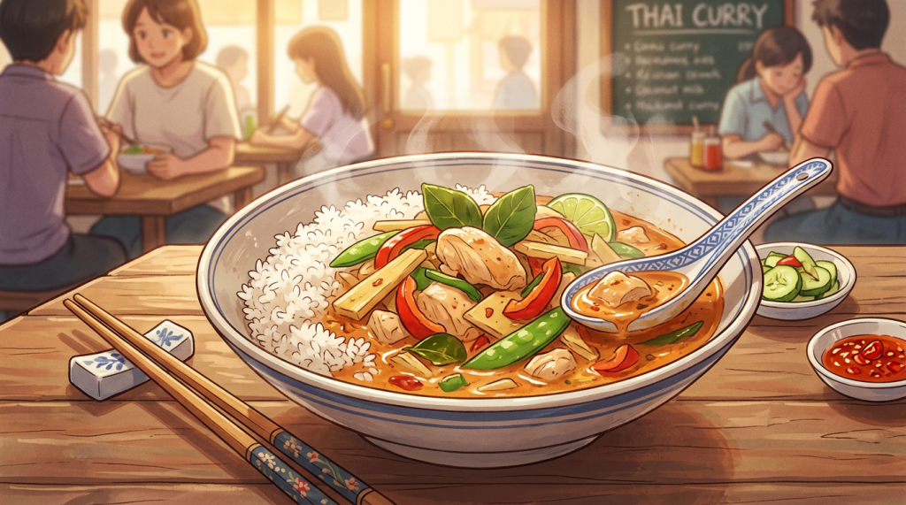 Bowl of Thai curry with chicken, vegetables, rice, and a spoon on wooden table