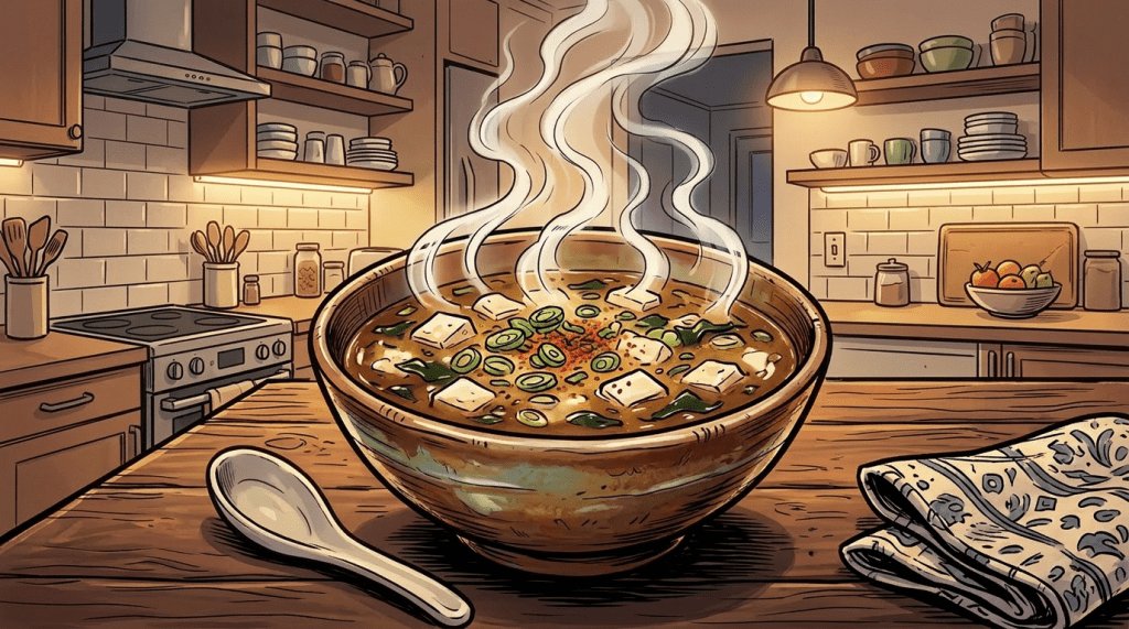 Steaming bowl of miso soup with tofu and green onions on wooden counter in a busy izakaya