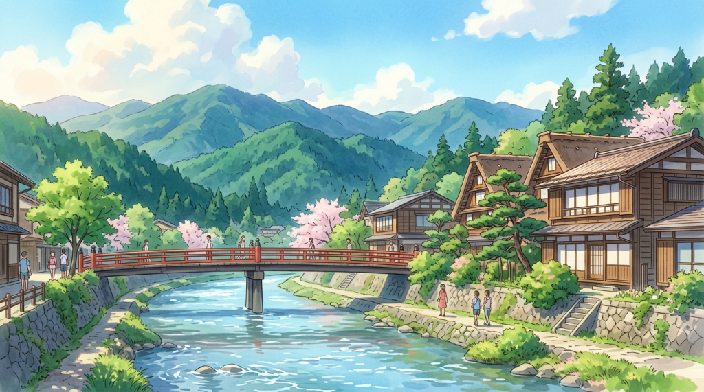 Traditional wooden houses along a river with a red pedestrian bridge and people walking, surrounded by green trees and mountains under a blue sky.
