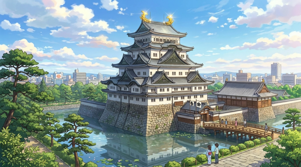 Japanese castle with stone foundation, moat, cherry blossom trees, and people walking on bridge