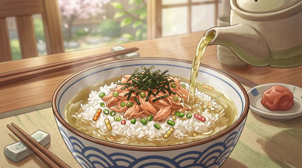 Bowl of rice topped with salmon, seaweed, and green onions with tea being poured over