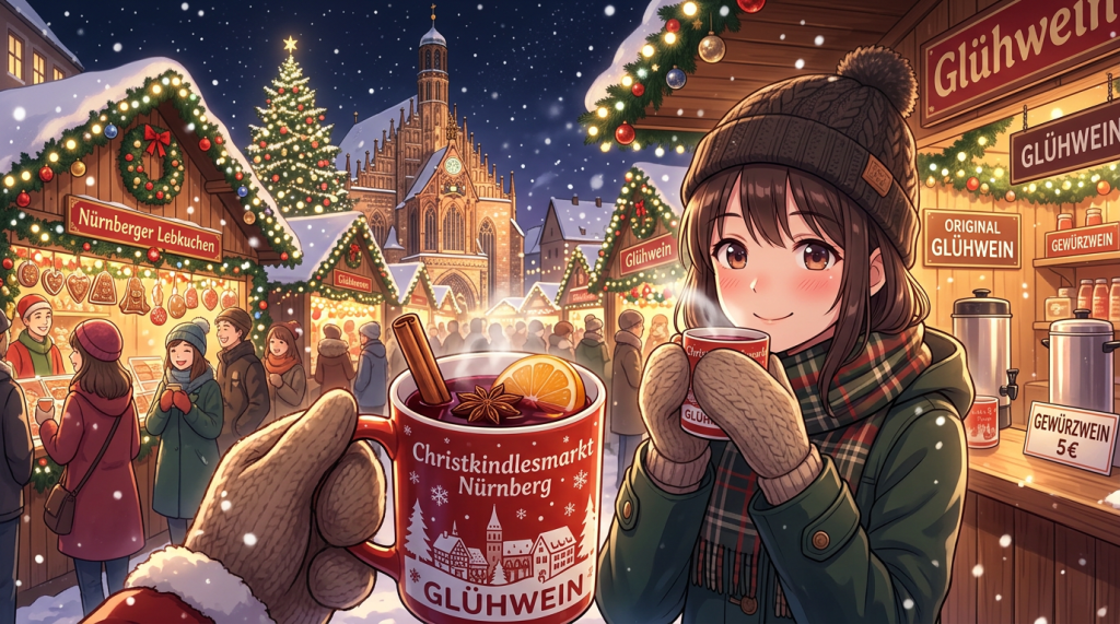 Young woman holding a steaming cup of Glühwein at Nuremberg Christmas market stalls decorated with lights and wreaths