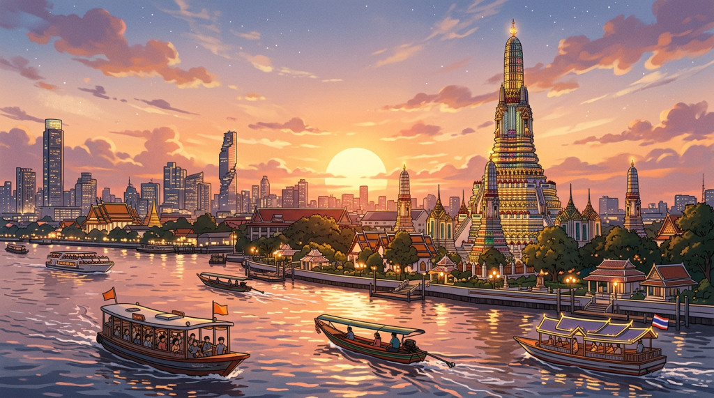 Boats on Chao Phraya River near Wat Arun temple at sunset in Bangkok