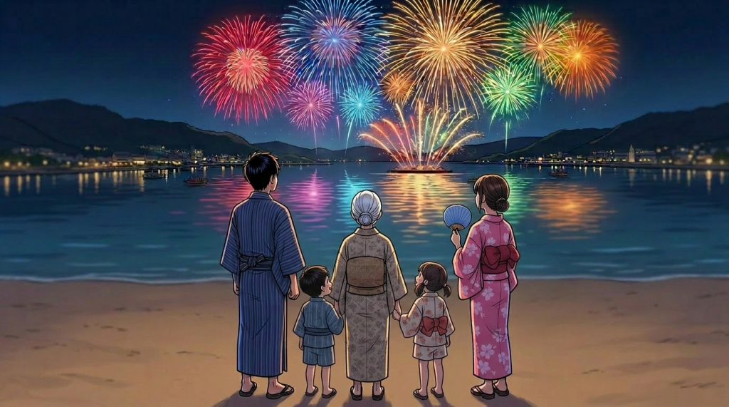 Crowd watching colorful fireworks over Lake Suwa at night during a summer festival